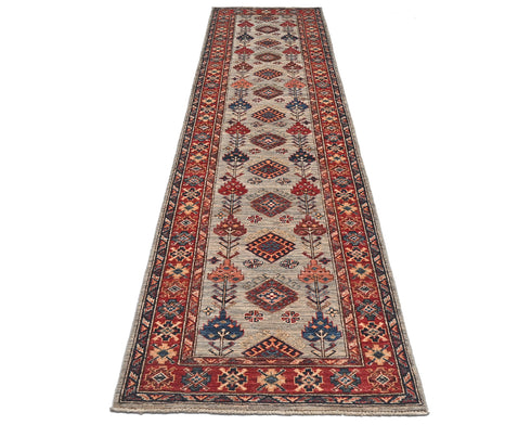 11 Feet Gray Kazak Afghan Hand Knotted Wool Runner Rug